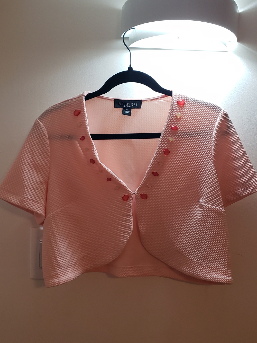 Perceptions Peach-Pink Short Sleeve Cropped Bolero with Heart Buttons